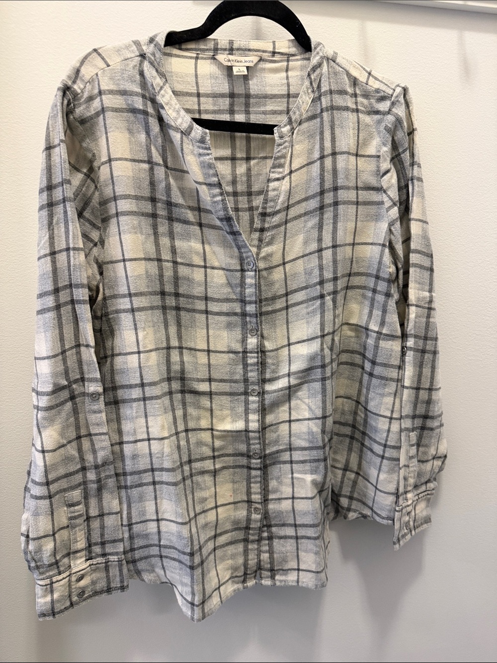 Calvin Klein Cream & Gray Plaid Button-Front Women's Shirt